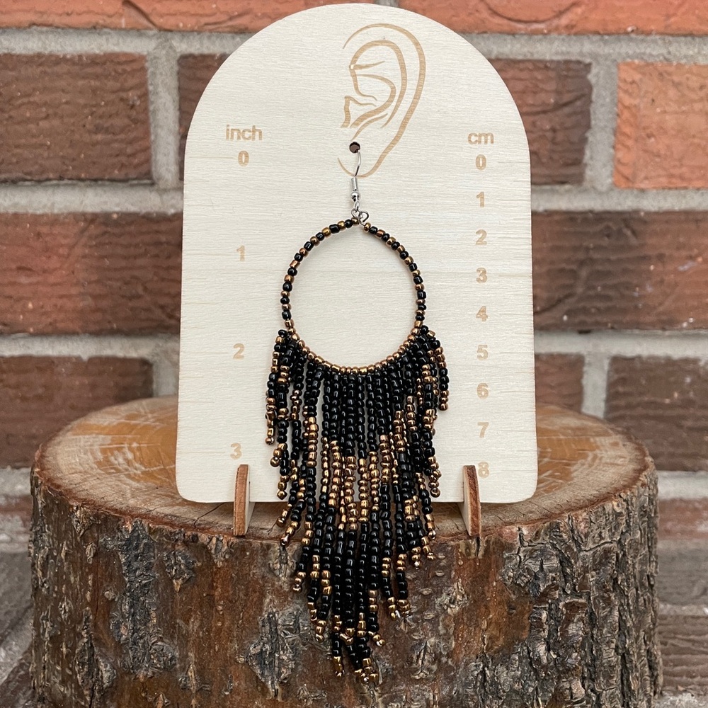 Beaded Fringe Hoop Drop Earrings - Black & Bronze - Picture 2 of 2